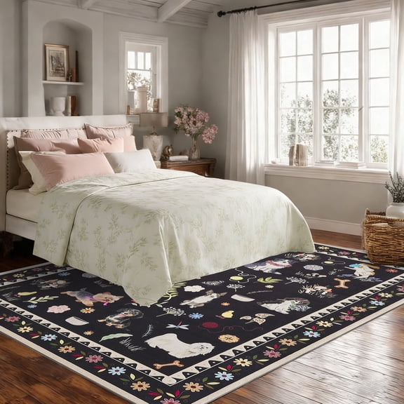 Washable Area Rug 8'x10', Soft Floral Bedroom Rug, Bohemian Non-slip Living Room Rug