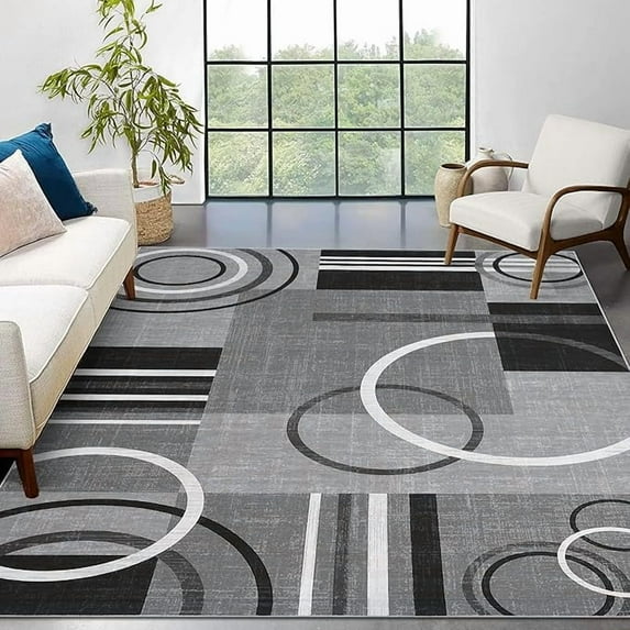 Washable Area Rug 8x10 Abstract Circles Non Slip Contemporary Stain Resistant Soft Low Pile Accent Rug for Indoor Living Dining Room, Grey