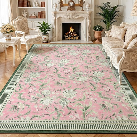 Washable Area Rug, 8x10 Floral Soft Rug for Living Room, Non Slip Low Pile Carpet for Living Room, Bedroom, Dining Room, Pink