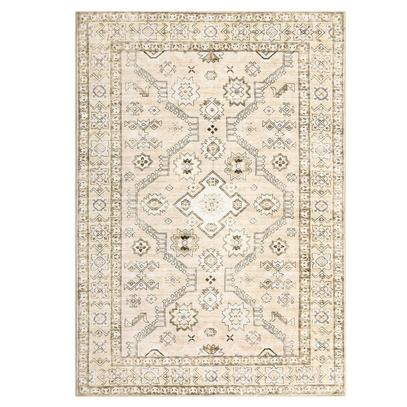 Washable Area Rug 8x10, Soft Non-Slip Living Room Rug, Low Pile Stain Resistant Carpet for Bedroom Dining Room Indoor Floor, Beige