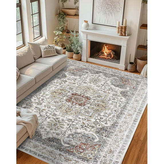 Washable Area Rug 8x10, Vintage Retro Carpet with Non-Slip Backing, Floral Pattern Floor Rugs for Entryway, Kitchen, Bathroom, Living Room, Hallways, Bedroom, Camel