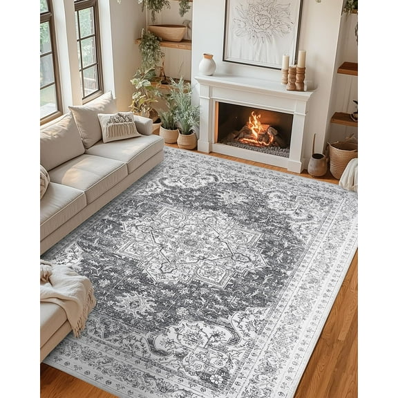 Washable Area Rug 8x10, Vintage Retro Carpet with Non-Slip Backing, Floral Pattern Floor Rugs for Entryway, Kitchen, Bathroom, Living Room, Hallways, Bedroom, Grey