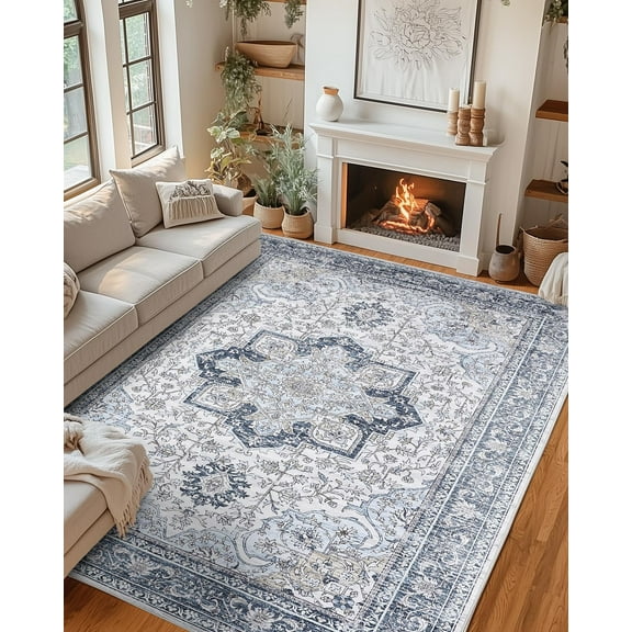 Washable Area Rug 8x10, Vintage Retro Carpet with Non-Slip Backing, Floral Pattern Floor Rugs for Entryway, Kitchen, Bathroom, Living Room, Hallways, Bedroom, Light Blue