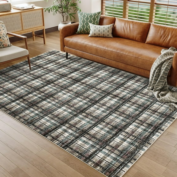 Washable Area Rug 8x10ft Plaid Farmhouse Indoor Carpet, Non-Slip Backing, Ultra Soft Low Pile for Living Room & Bedroom