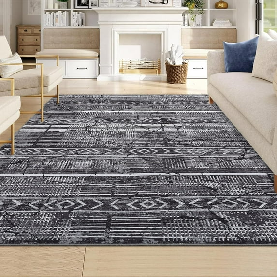 Memoryfield Washable Area Rug 9' x 12' Rugs, Ultra Thin Dining Room Rugs Bedroom Rug, Boho Distressed Farmhouse Accent Indoor Throw Rugs Floor Carpet for Living Room Bedroom, Black & Gray