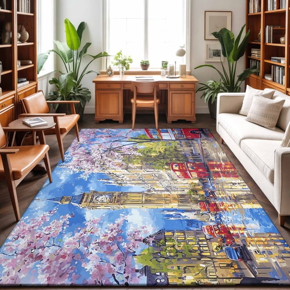 Washable Area Rug 9 x 12 ft Big Ben Spring Cherry Blossoms Red Bus Impressionist Soft Non Slip Rugs Stain Repellent Indoor Felt Carpet for Living Dining Room Bedroom Home Office