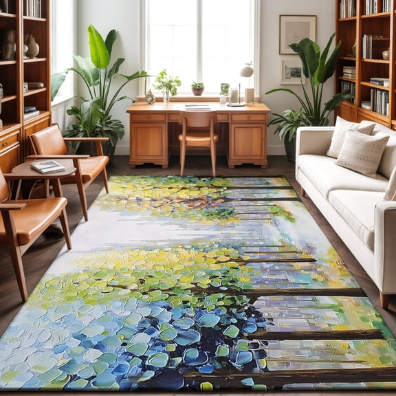 Washable Area Rug 9 x 12 ft Birch Trees Path Leaves Autumn Forest Landscape Soft Non Slip Rugs Stain Repellent Indoor Felt Carpet for Living Dining Room Bedroom Home Office