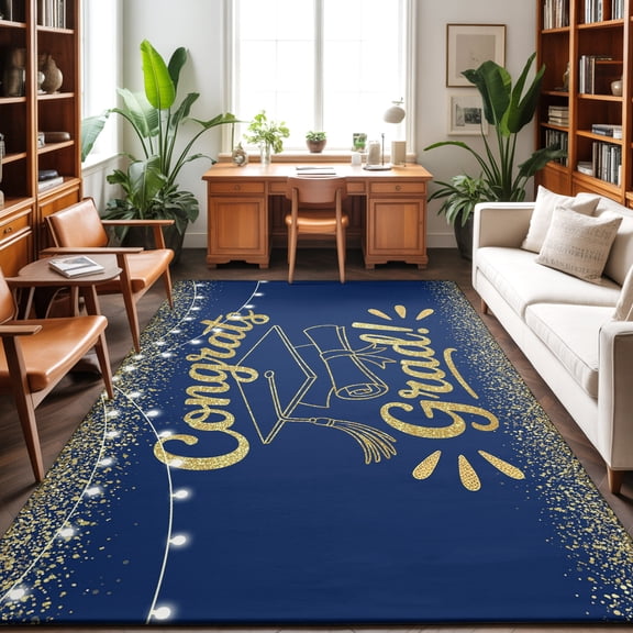 Washable Area Rug 9 x 12 ft Blue Gold Graduation Cap Sequins Light Festive Celebration Soft Non Slip Rugs Stain Repellent Indoor Felt Carpet for Living Dining Room Bedroom Home Office
