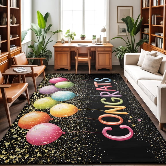 Washable Area Rug 9 x 12 ft Color Balloons Graduation Celebration Confetti Glitter Festive Soft Non Slip Rugs Stain Repellent Indoor Felt Carpet for Living Dining Room Bedroom Home Office