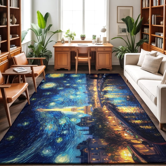 Washable Area Rug 9 x 12 ft Eiffel Tower Starry Night City Impressionist Abstract Soft Non Slip Rugs Stain Repellent Indoor Felt Carpet for Living Dining Room Bedroom Home Office