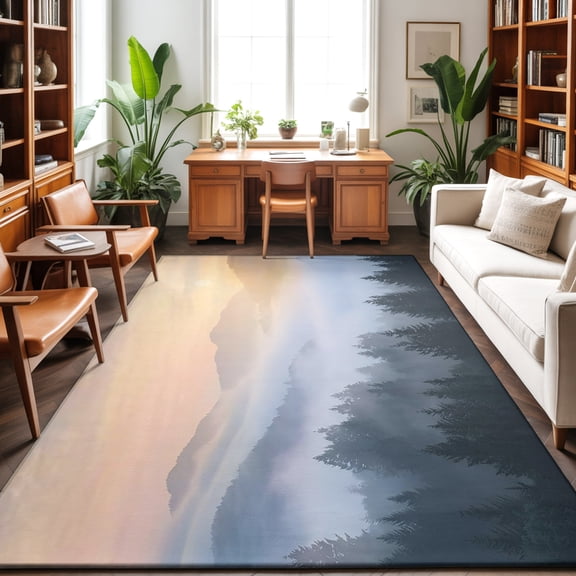 Washable Area Rug 9 x 12 ft Forest Fog Misty Mountains Pine Tree Landscape Soft Non Slip Rugs Stain Repellent Indoor Felt Carpet for Living Dining Room Bedroom Home Office