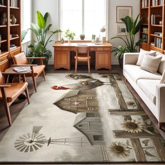 Washable Area Rug 9 x 12 ft Gray Rustic Rooster Brown Barn Farmhouse Animal Country Farm Soft Non Slip Rugs Stain Repellent Indoor Felt Carpet for Living Dining Room Bedroom Home Office