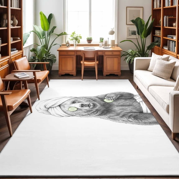 Washable Area Rug 9 x 12 ft Grey Animals Funny Grizzly Bear with Bath Wrap Cucumber Slice Gray Modern Soft Non Slip Rugs Stain Repellent Indoor Felt Carpet for Living Dining Room Bedroom Home Office
