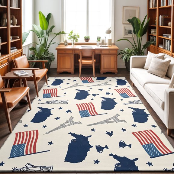 Washable Area Rug 9 x 12 ft Independence Day Americana Flag USA Map Statue of Liberty Soft Non Slip Rugs Stain Repellent Indoor Felt Carpet for Living Dining Room Bedroom Home Office
