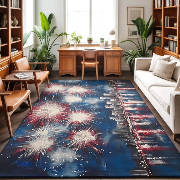 Washable Area Rug 9 x 12 ft Independence Day Fireworks City Night Scene Patriotic Soft Non Slip Rugs Stain Repellent Indoor Felt Carpet for Living Dining Room Bedroom Home Office