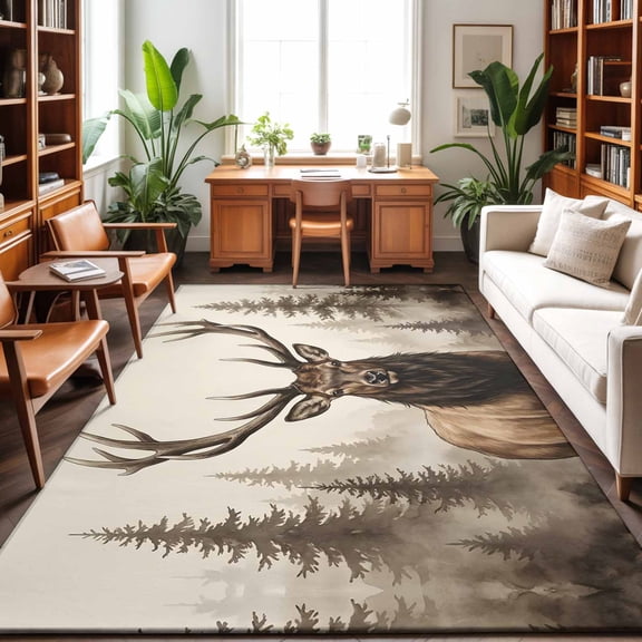Washable Area Rug 9 x 12 ft Majestic Elk Brown Gray Wildlife Rustic Animals Pine Forest Soft Non Slip Rugs Stain Repellent Indoor Felt Carpet for Living Dining Room Bedroom Home Office