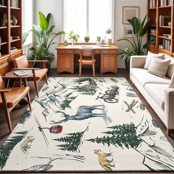 Washable Area Rug 9 x 12 ft Mountain Cabin Winter Green Pine Tree Wooden House Cabin Soft Non Slip Rugs Stain Repellent Indoor Felt Carpet for Living Dining Room Bedroom Home Office