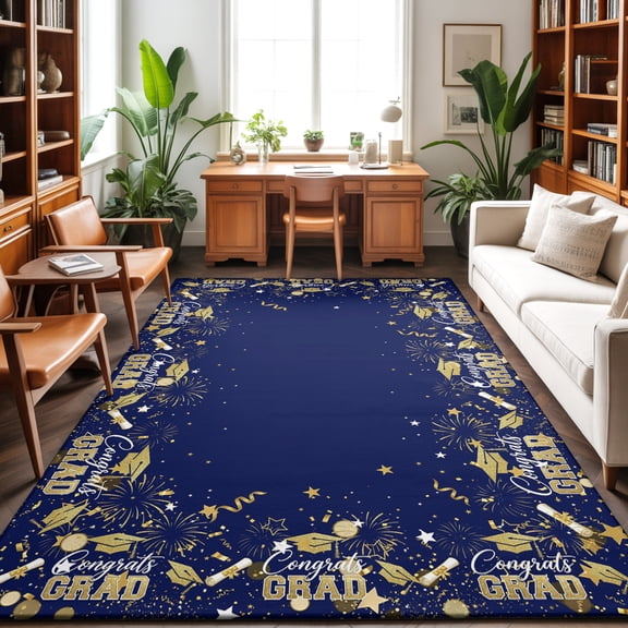 Washable Area Rug 9 x 12 ft Navy Blue Graduation Cap Gold Stars Academic Diploma Soft Non Slip Rugs Stain Repellent Indoor Felt Carpet for Living Dining Room Bedroom Home Office