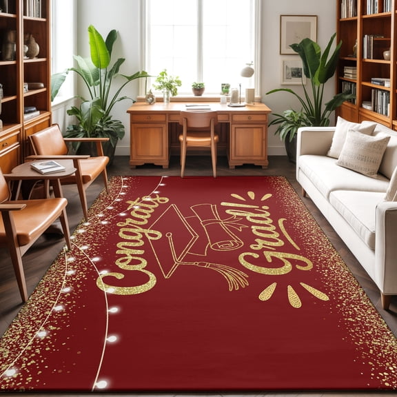 Washable Area Rug 9 x 12 ft Red Gold Graduation Cap Sequins Light Festive Celebration Soft Non Slip Rugs Stain Repellent Indoor Felt Carpet for Living Dining Room Bedroom Home Office