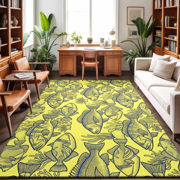 Washable Area Rug 9 x 12 ft Sketch Fish Animal Rustic Coral Reef Yellow Gray Coastal Soft Non Slip Rugs Stain Repellent Indoor Felt Carpet for Living Dining Room Bedroom Home Office