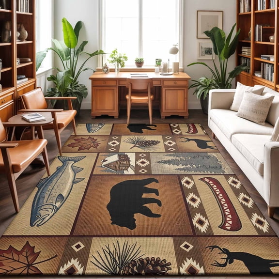 Washable Area Rug 9 x 12 ft Wildlife Animals Brown Deer Fish Pinecone Folk Art Style Farmhouse Soft Non Slip Rugs Stain Repellent Indoor Felt Carpet for Living Dining Room Bedroom Home Office