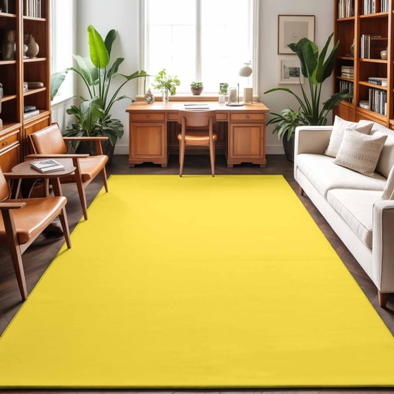 Washable Area Rug 9 x 12 ft Yellow Solid Color Soft Non Slip Rugs Stain Repellent Indoor Felt Carpet for Living Dining Room Bedroom Home Office