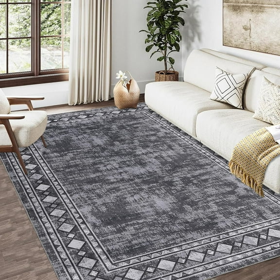Washable Area Rug - 9'x12' Grey, Soft, Non Slip, Stain Resistant, Low Pile, Vintage Style for Living Room, Bedroom, Dining Room, Office, Nursery