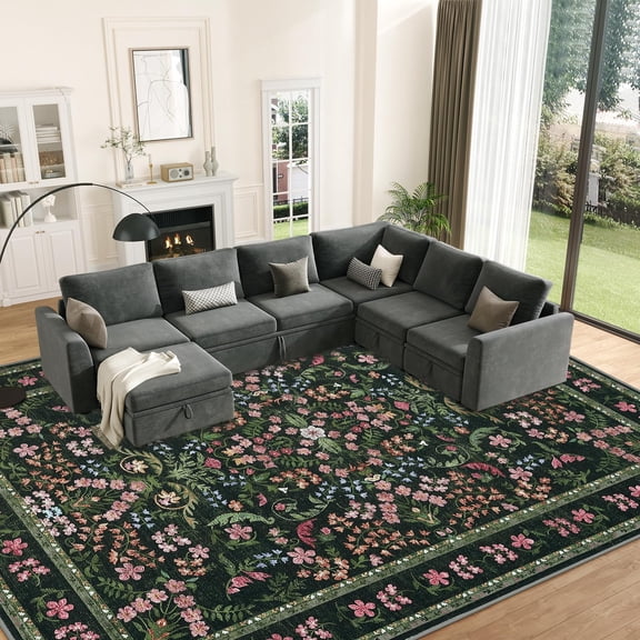 Washable Area Rug, 9x12 Boho Floral Soft Rugs for Living Room, Non Slip Low Pile Carpet for Bedroom, Dining Room, Nursery, Hallway, Green