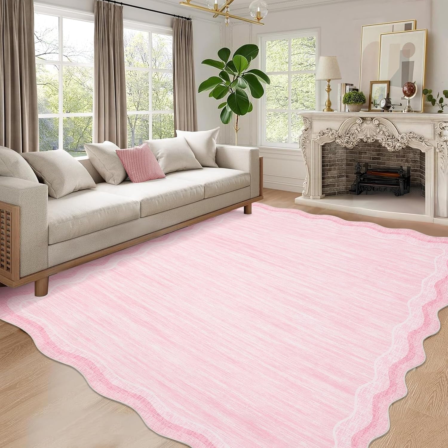 Washable Area Rug 9x12 Scalloped Rugs for Living Room 9x12 Large Scalloped Carpet, Non-Shedding Contemporary Easy Cleaning Mats, Solid Modern Pink Rug for Bedroom Dining Room Playroom