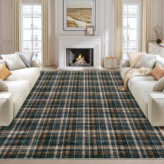 Washable Area Rug 9x12ft Plaid Farmhouse Indoor Carpet, Non-Slip Backing, Ultra Soft Low Pile for Living Room & Bedroom
