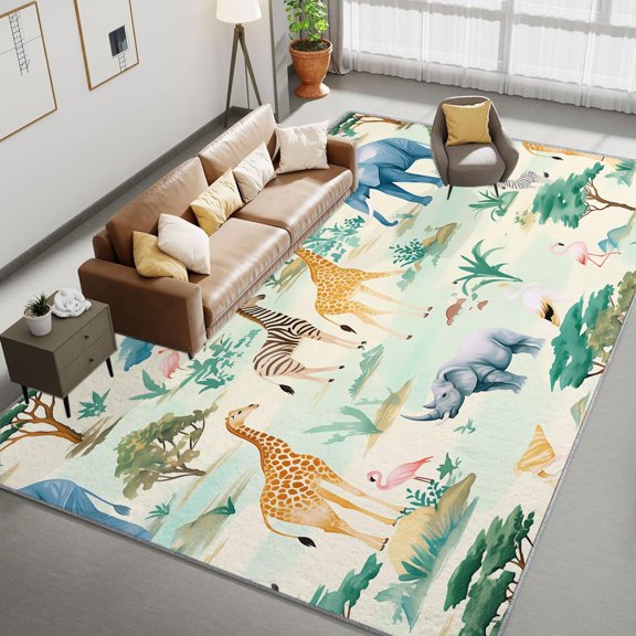 Washable Area Rug, Animal Print Giraffe Print Accent Floor Carpet For Dining Room Office Home, Green Soft Low-Pile Non-Slip Rugs For Living Bedroom Rug