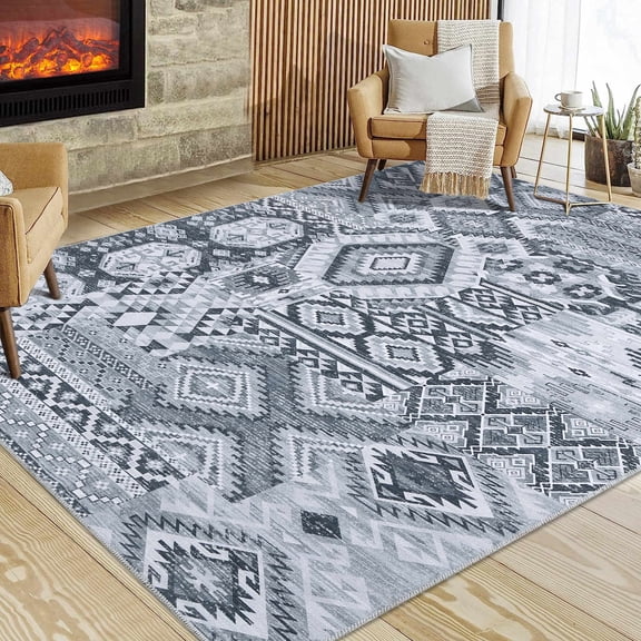 Washable Area Rug, Bo-ho Chic Distressed Rug, Vintage Indoor Front Door Mat, Non-Slip Entryway Doormat Low Pile Thin Rug Machine Washable Foldable Rug for Living Room Bedroom Kitchen Laundry