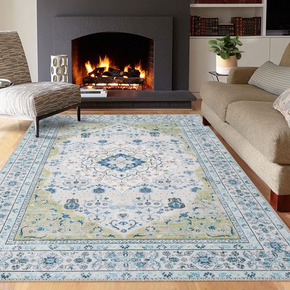 Washable Area Rug Boho Floral Rugs Oriental Bedroom Living Room Rugs Soft Oriental Vintage Rugs Non-Slip Backing Stain Resistant for Farmhouse Diningroom