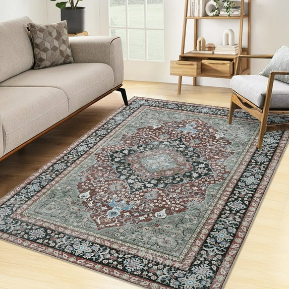 Washable Area Rug Boho Floral Rugs Oriental Bedroom Living Room Rugs Soft Oriental Vintage Rugs Non-Slip Backing Stain Resistant for Farmhouse Diningroom