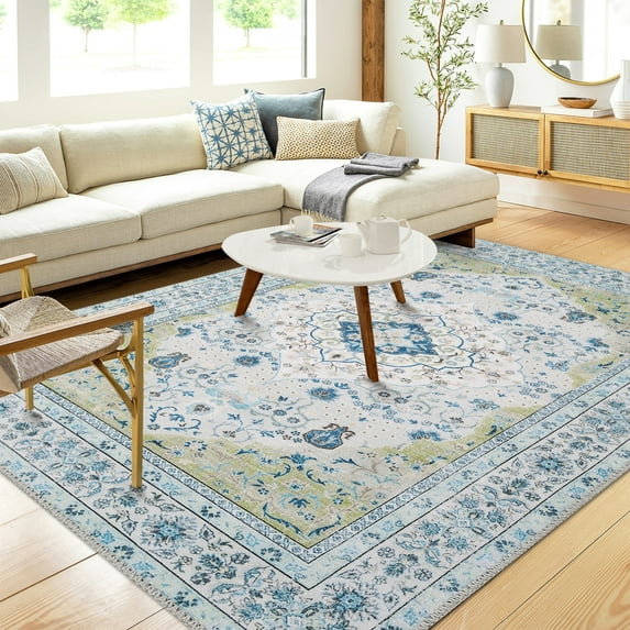 Washable Area Rug Boho Floral Rugs Oriental Bedroom Living Room Rugs Soft Oriental Vintage Rugs Non-Slip Backing Stain Resistant for Farmhouse Diningroom