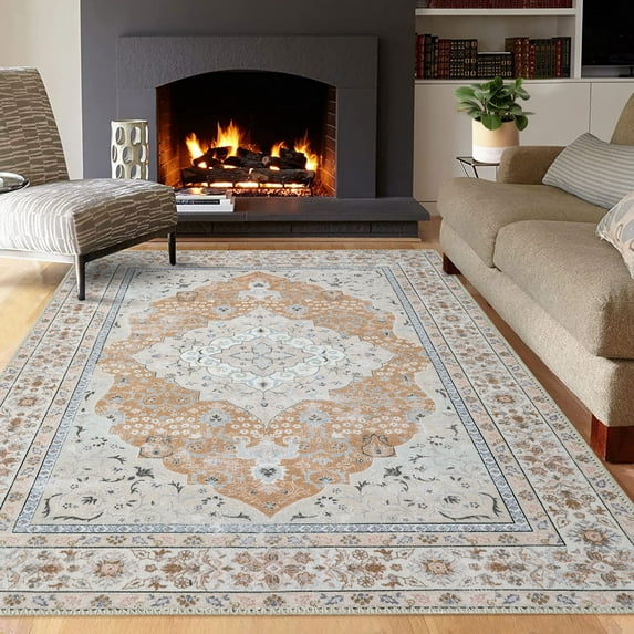 Washable Area Rug Boho Floral Rugs Oriental Bedroom Living Room Rugs Soft Oriental Vintage Rugs Non-Slip Backing Stain Resistant for Farmhouse Diningroom