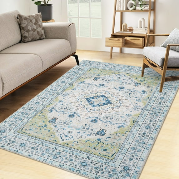 Washable Area Rug Boho Floral Rugs Oriental Bedroom Living Room Rugs Soft Oriental Vintage Rugs Non-Slip Backing Stain Resistant for Farmhouse Diningroom