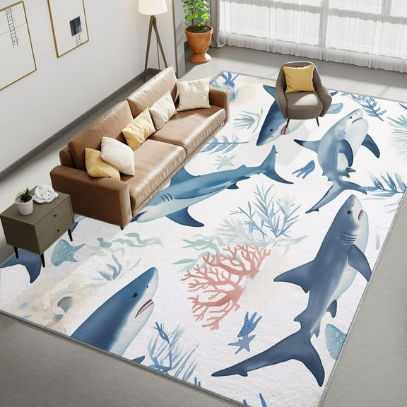 Washable Area Rug, Cartoon Animal Prints Print Accent Floor Carpet For Dining Room Office Home, Shark Soft Low-Pile Non-Slip Rugs For Living Bedroom Rug