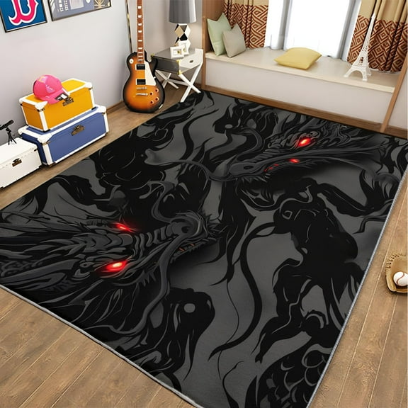 Washable Area Rug, Comic Ethnic Dragon Print Accent Floor Carpet For Dining Room Office Home, Black Soft Low-Pile Non-Slip Rugs For Living Bedroom Rug