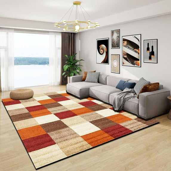 Washable Area Rug - Contemporary Style For Living Room, Bedroom, Kitchen - Machine Washable Rug For Dining Room - Non-Shedding And Easy-Cleaning - Red Orange Cream