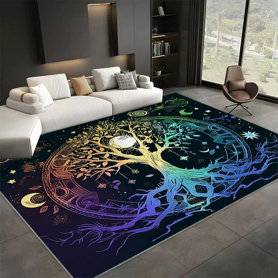 Washable Area Rug, Dream Tree Of Life Print Accent Floor Carpet For Dining Room Office Home, Colorful Soft Low-Pile Non-Slip Rugs For Living Bedroom Rug
