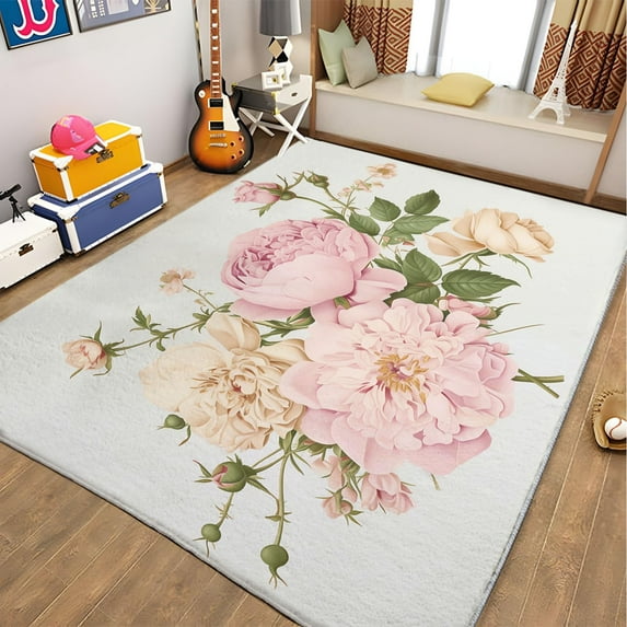 Washable Area Rug, Floral Pink Roses Print Accent Floor Carpet For Dining Room Office Home, White Soft Low-Pile Non-Slip Rugs For Living Bedroom Rug