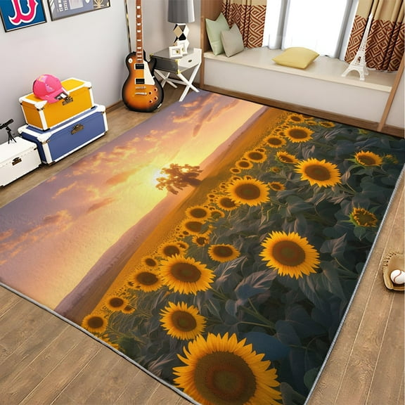 Washable Area Rug, Floral Sunflower Sunset Print Accent Floor Carpet For Dining Room Office Home, Yellow Soft Low-Pile Non-Slip Rugs For Living Bedroom Rug