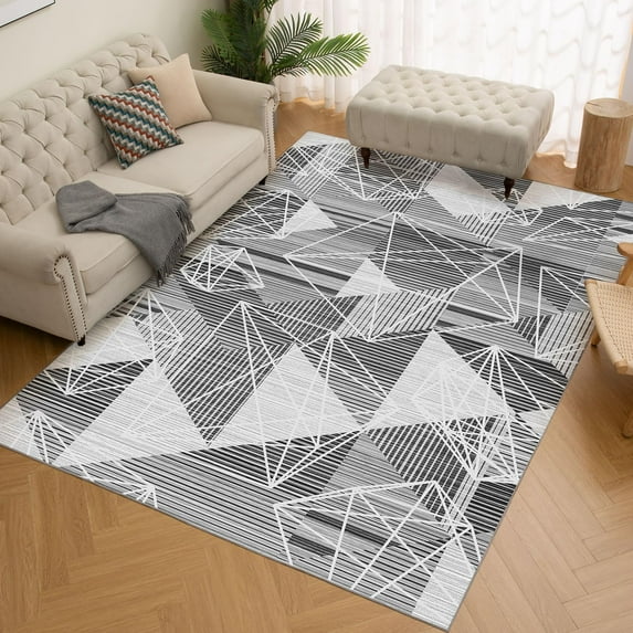 Washable Area Rug - Geometric Style Modern Rugs For Living Room, Bedroom, Machine Carpet Soft Non Slip Non Shedding Area Rug - Grey White-2x6ft