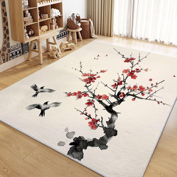 Washable Area Rug, Ink Painting Plum Blossom Branches Birds Print Accent Floor Carpet For Dining Room Office Home, Cream Soft Low-Pile Non-Slip Rugs For Living Bedroom Rug