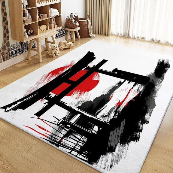 Washable Area Rug, Japanese Torii Gate Print Accent Floor Carpet For Dining Room Office Home, White Soft Low-Pile Non-Slip Rugs For Living Bedroom Rug