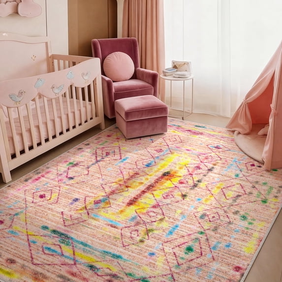 Washable Area Rug for Living Room, 4'x6' Boho Chic Blush Pink Non-Slip indoor Rug, Soft Low Pile & Stain Resistant Polyester Geometric Carpet for Bedroom, Dinning Room, Kids Playroom, Girls' Bedroom