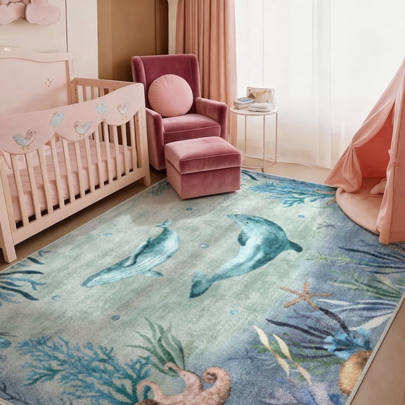 Washable Area Rug for Living Room, 4'x6' Coastal Modern Non-Slip indoor Rug, Soft Low Pile & Stain Resistant Carpet for Bedroom, Dining Room, Kitchen, Entryway, Nursery