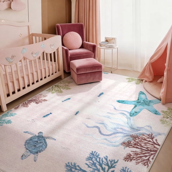 Washable Area Rug for Living Room, 4'x6' Nautical Beach Non-Slip indoor Rug, Soft Low Pile & Stain Resistant Sea turtles Carpet for Bedroom, Dining Room, Kitchen, Entryway, Nursery