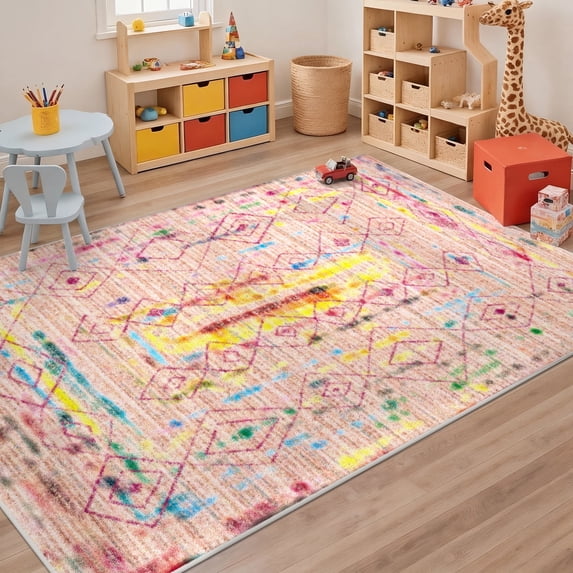 Washable Area Rug for Living Room, 5'x7' Bohemian Aztec Non-Slip indoor Rug, Soft Low Pile & Stain Resistant Polyester Geometric Carpet for Bedroom, Dinning Room, Kids Playroom, Girls' Bedroom